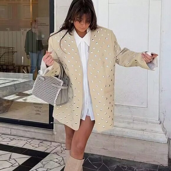 Beige Casual Women's Rivet Decoration Long Sleeve Blazer Coat - Picture 1 of 11